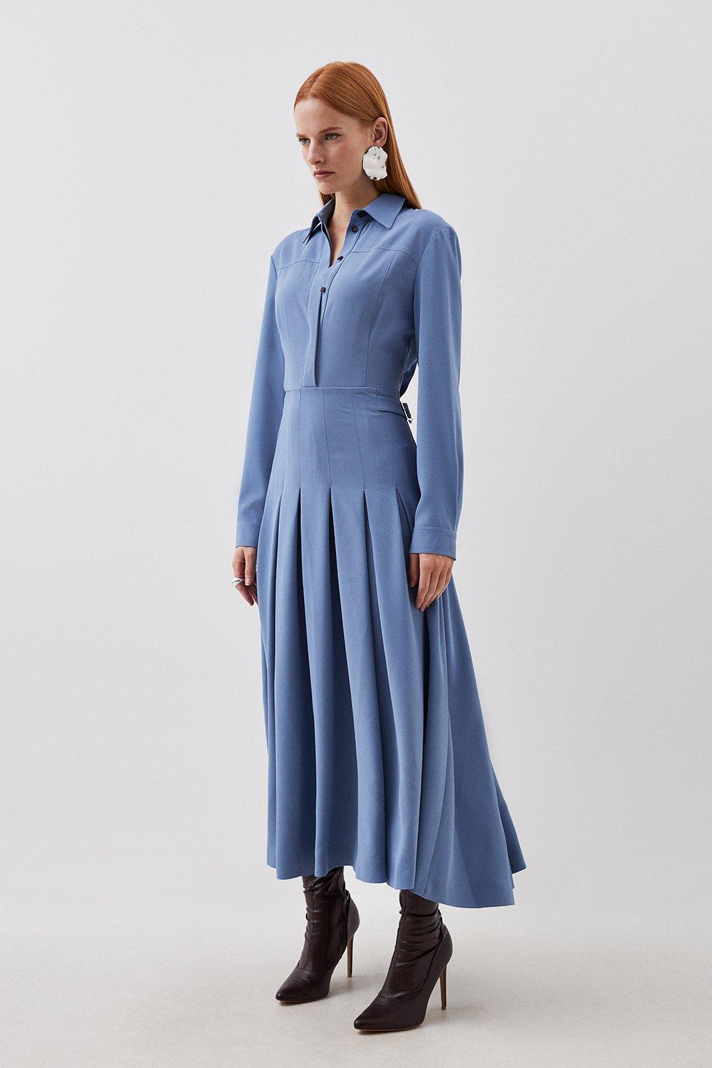 Tailored Crepe Pleated Midi Shirt Dress | Karen Millen